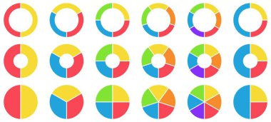 Colorful pie and donut charts. Circle chart, circle sections and round donuts chart pieces. Business infographic vector set