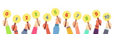 Scorecard in hand. Contest judge hold in hands voting card, voting numbers and scare cards vector illustration