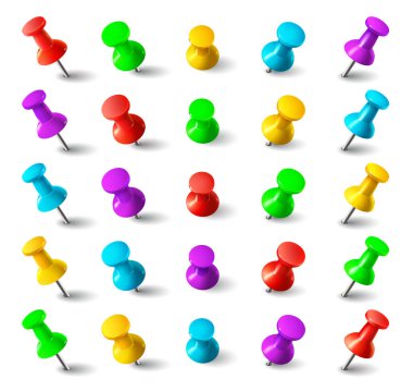Realistic 3d color thumbtack push pins. Metal needle in different angles isolated vector set. Office paper fixing accessories and map pointers vector set