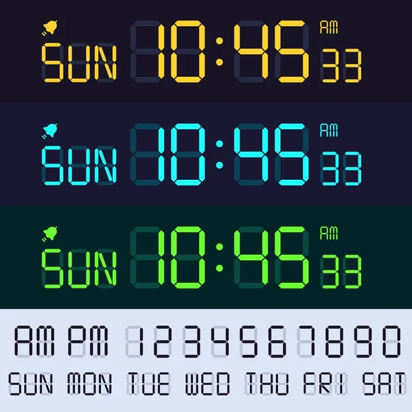Reloj despertador lcd display de fuente. Relojes electrónicos números, horas y minutos de pantalla digital. Retro pantalla de texto vector conjunto — Vector de stock