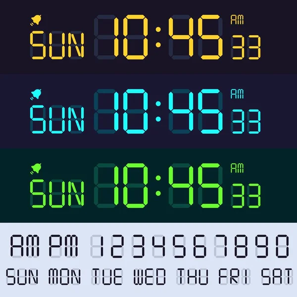 Réveil lcd police d'affichage. Numéros d'horloges électroniques, heures et minutes d'écran numérique. Ensemble de vecteurs de texte d'affichage rétro — Image vectorielle