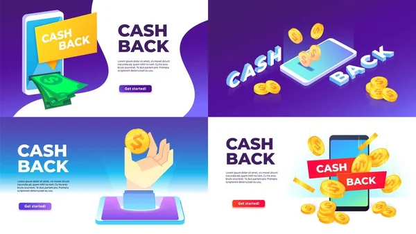 Mobile cashback banner. Golden coins spend back, buying with cashback and reward to wallet vector illustration set — Stockvector