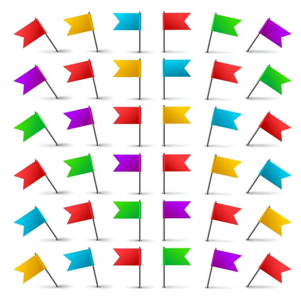 Pines de empuje realistas de la bandera de color 3d con aguja de metal y en diferentes ángulos conjunto de vectores aislados. Accesorios de fijación de papel de oficina y punteros de mapa — Archivo Imágenes Vectoriales