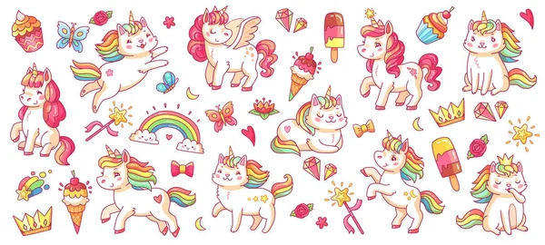 Bonito poni y unicornios de gato. personajes de dibujos animados aislados vector conjunto para el libro de niños — Vector de stock