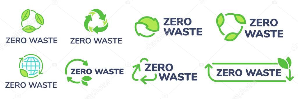 Zero waste labels. Green eco friendly label, reduce wastes and recycle icon with plant leaves vector set