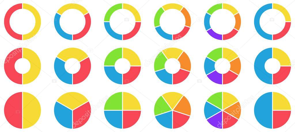 Colorful pie and donut charts. Circle chart, circle sections and round donuts chart pieces. Business infographic vector set