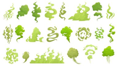 Smelling smoke. Bad smell cloud, green stink aroma and stinky smoke cartoon vector illustrartion set clipart