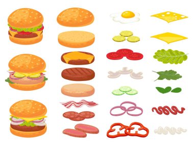 Çizgi film hamburger malzemeleri. Hamburger, çörek ve domates. Jambon, taze turşu ve peynir dilimleri. Fast food üreticisi vektör çizimi