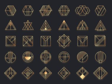 Art deco geometrik şekiller. Altın geometrik sanat şekli, altın çember sembolü ve soyut üçgen. Yaratıcı çizgiler kare ve zarif geometrik eşkenar dörtgen vektör kümesi