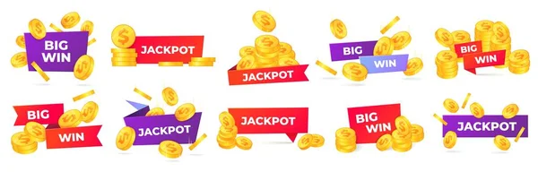 Jackpot y grandes etiquetas ganadoras. Ganador felicitaciones banner, premio de dinero y premios de casino etiqueta vector conjunto — Archivo Imágenes Vectoriales