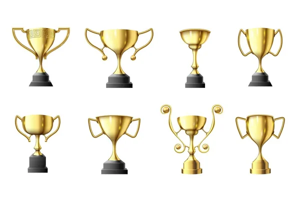 Zlatý pohár trofejí. Vítězné trofej, první místo lesklé zlaté poháry a vyhrát sportovní cenu vektor ilustrační set — Stockový vektor