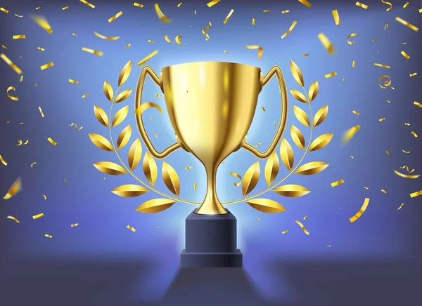 Realisztikus arany pohár. Győztesek trófea ünnepség repülő konfetti, fényes arany kupa és sport díjat babérkoszorú 3D vektor illusztráció — Stock Vector