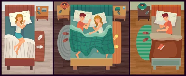 Un par de personas durmiendo. Hombre y mujer dormidos solos y juntos, sueño saludable ilustración vectorial de dibujos animados — Archivo Imágenes Vectoriales