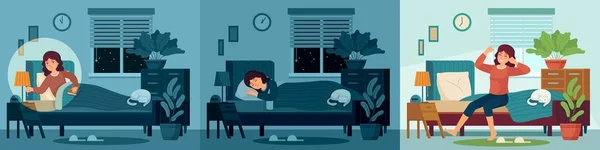 La mujer duerme en el cuarto de la cama. Feliz personaje femenino que duerme en la cama por la noche y se despierta por la mañana. Ilustración saludable del vector del sueño — Vector de stock