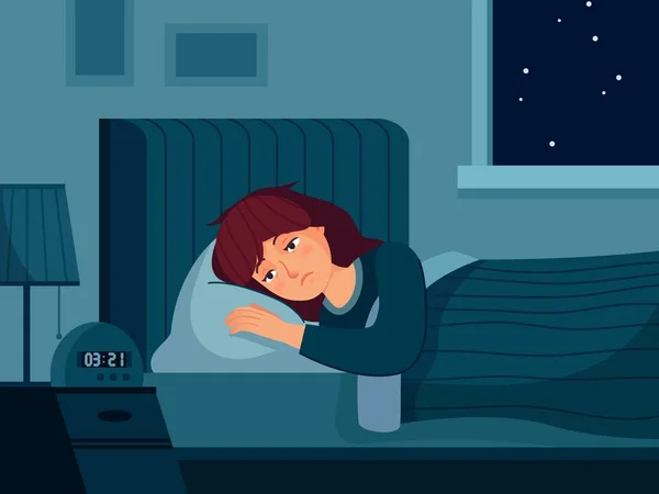 Kvinna med sömnlöshet. Sömnig kvinnlig karaktär som inte kan sova, deprimerad person orolig mardrömmar och ligger i sängen med öppna ögon vektor illustration — Stock vektor