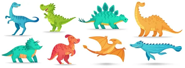 Dino de dibujos animados. Dinosaurio lindo, divertido brontosaurio antiguo y triceratops verde. Juego de ilustración vectorial de dinosaurios cómicos — Archivo Imágenes Vectoriales