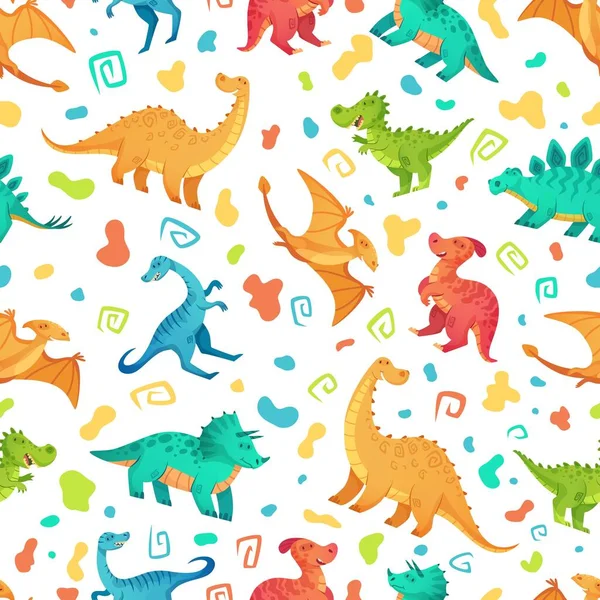 Dessin animé motif sans couture dino. Mignon tricératops, brontosaure et tirex. Ensemble d'illustrations vectorielles dinosaures couleur — Image vectorielle