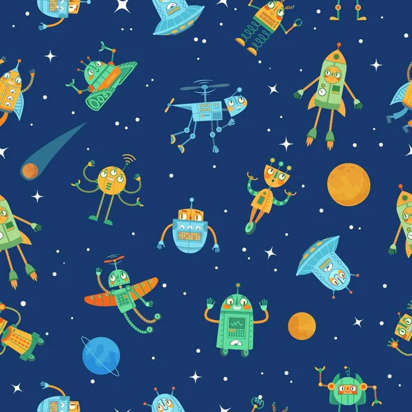 Padrão de robôs espaciais sem costura. Robô bonito no espaço com estrelas e planetas, colorido engraçado robôs cartoon vetor ilustração — Vetor de Stock