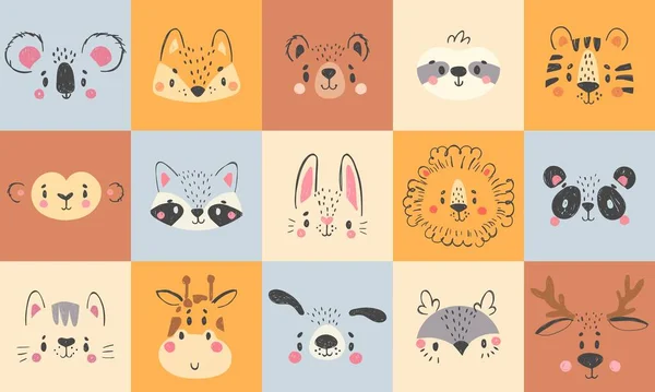 Retratos de animais bonitos. Mão desenhado animais felizes rostos, urso sorridente, raposa engraçada e koala desenho animado conjunto ilustração vetorial — Vetor de Stock