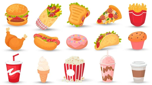 Cartoon fastfood. Hamburger, lekker broodje en hotdog. Natrondrank, milkshake en koffie. Straat voedsel vector illustratie set — Stockvector