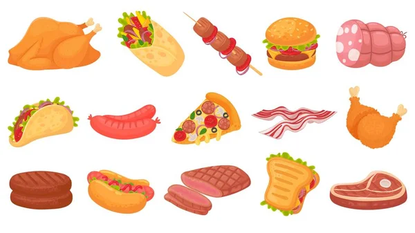 Cibo a base di carne. Gambe di pollo fritte, hamburger e bistecca alla griglia. Beacon, hot dog e salsicce. Set illustrazione vettoriale Burrito, taco e sandwich — Vettoriale Stock