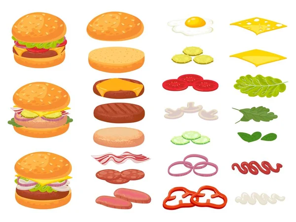 Rajzfilm burger összetevők. Hamburger, szeletelt zsemle és paradicsom. Sonka, friss savanyúság és sajtszeletek. Gyorsétterem-építő vektor illusztrációs készlet — Stock Vector