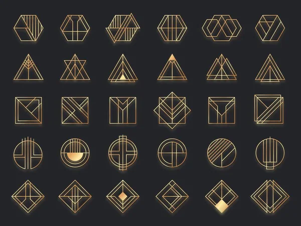 Art deco geometrik şekiller. Altın geometrik sanat şekli, altın çember sembolü ve soyut üçgen. Yaratıcı çizgiler kare ve zarif geometrik eşkenar dörtgen vektör kümesi