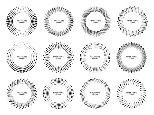 Halftone cirkel frame. Retro rond frame met halve tonen punten gradiënt, gestippelde cirkels vormen en abstracte geometrische punten vector set — Stockvector