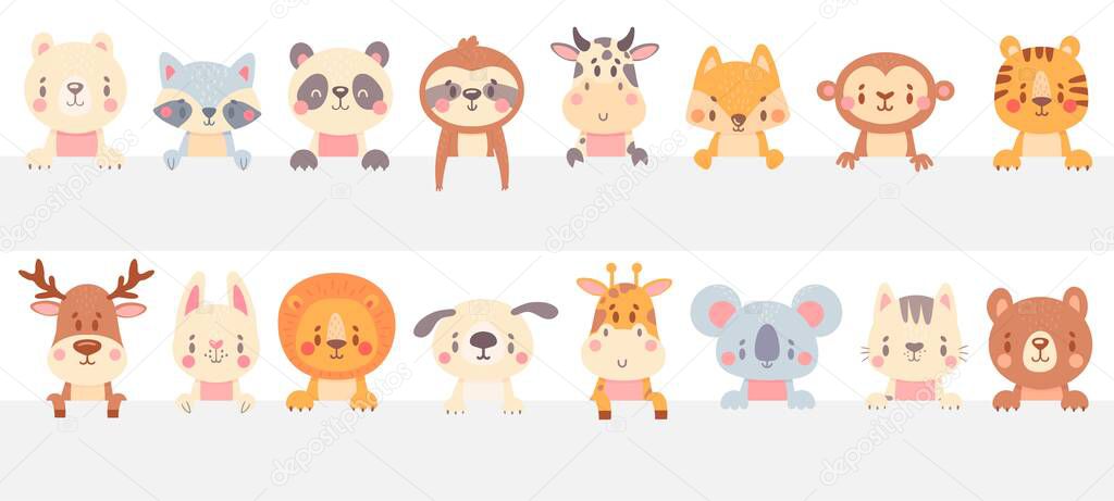 Cute animals look out. Funny animal peeps out, hand drawn pet, adorable cat and dog. Smiling bear, raccoon and fox vector illustration set