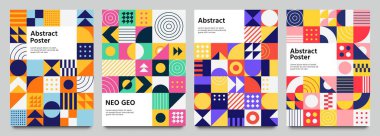 Renkli neo geometrik poster. Renkli geometrik şekilli şebeke. Modern soyut tanıtım uçuşu arka plan vektör çizimi