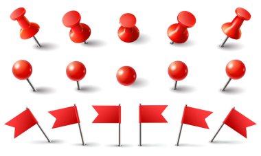 Red pushpin, flag and thumbtack. Isolated vector set clipart