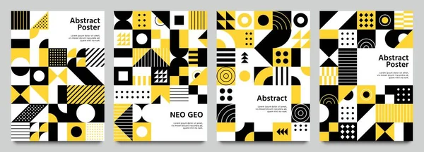 Carteles neogeométricos. Patrón de rejilla moderna con formas geométricas. Conjunto abstracto de vectores de fondos amarillos, blancos y negros — Archivo Imágenes Vectoriales