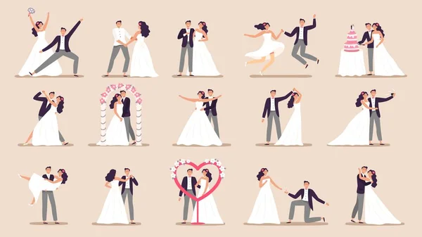 stock vector Wedding couples. Bride in wedding dress, just married couple and marriage ceremony cartoon vector illustration set