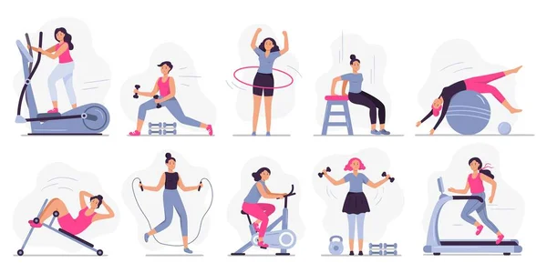 Mujer en el gimnasio deportivo. Juego de ilustración vectorial — Vector de stock