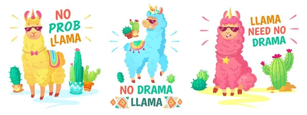 Lama-affisch. Inget drama lama och ingen prob lama vektor illustration set — Stock vektor