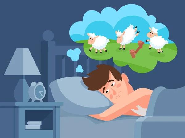 De mens telt schapen om te slapen. Slapeloosheid cartoon vector illustratie — Stockvector