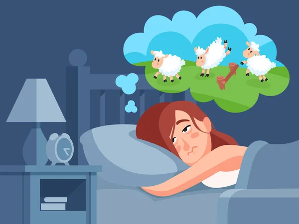 Wanita menghitung domba untuk tidur. Ilustrasi vektor kartun Insomnia - Stok Vektor