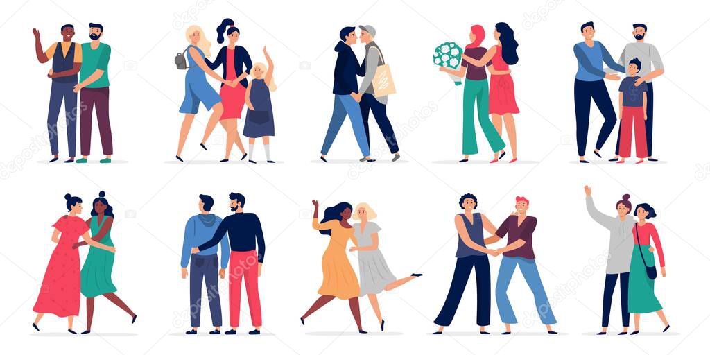 LGBT couples. Romantic gay couple date, happy people hugging and dancing together. Gays and lesbians couples with children vector illustration set