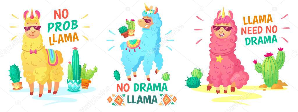 Llama poster. No drama llama and no prob llama vector illustration set