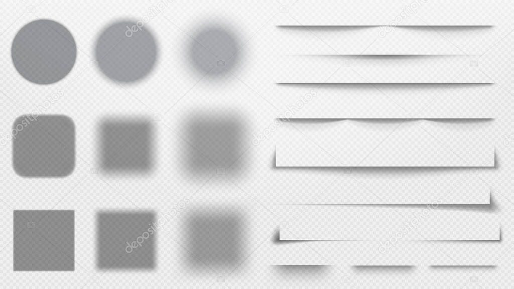 Realistic shadows dividers. Line shadow, transparent overlay template vector illustration set