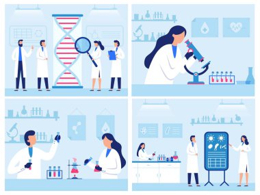 Bilim adamları laboratuarda çalışır. Profesyonel genetik araştırma laboratuvarı, virüs ve kan araştırmaları. Su kalitesi teşhisi vektör çizimi