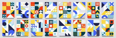 Soyut geometrik arka planlar. Neo coğrafi desen, minimalist retro poster grafik vektör çizimi seti