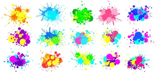 Splatter di colore. Colorato spruzzi di vernice, gocce di gocciolamento dipinte luminose e colori astratti spruzza set grafico vettoriale — Vettoriale Stock