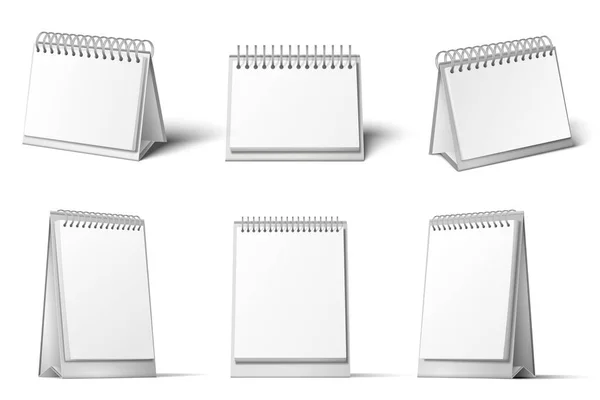 Mockup calendário de mesa. Suporte de calendários em branco, lembrete de diário de mesa e conjunto de vetor de modelo branco 3D realista —  Vetores de Stock
