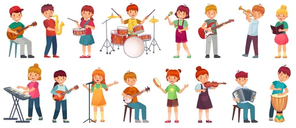 Los niños de dibujos animados tocan música. Niño talentoso tocando en instrumentos musicales, lecciones de la escuela de música. Joven cantante, niño músico vector ilustración conjunto — Vector de stock