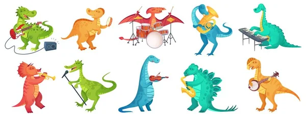 Los dinosaurios tocan música. Tyrannosaurus rockstar tocar la guitarra, baterista de dino y dinosaurios de dibujos animados músicos vector ilustración conjunto — Archivo Imágenes Vectoriales
