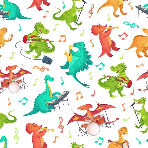 Patrón de dinosaurios de música de dibujos animados sin costura. Banda de Dino, dinosaurio lindo tocando instrumentos de música e ilustración vectorial de tiranosaurio rockstar — Vector de stock