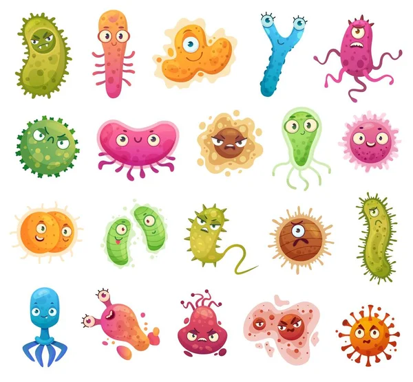 Maskot bakteri kartun. Virus karakter, bakterias dengan wajah lucu. Warna mikroba dan virus penyakit diisolasi vektor set ilustrasi - Stok Vektor