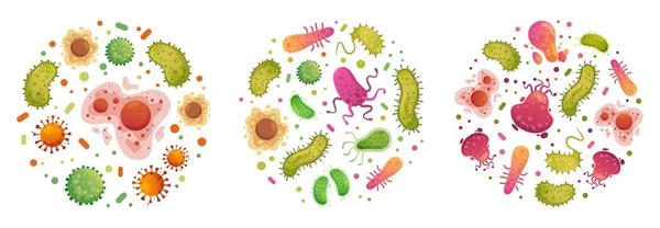 Bacterias y gérmenes en círculo. Bacterias, células de la enfermedad y gérmenes en marco redondo. Enfermedades humanas ilustración vector de dibujos animados conjunto — Archivo Imágenes Vectoriales