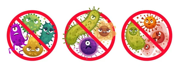 Bakteri dalam tanda larangan. Comic menyilang mikroba dan virus, perlindungan bakteri dan desinfeksi ikon gambar vektor kartun ditetapkan - Stok Vektor